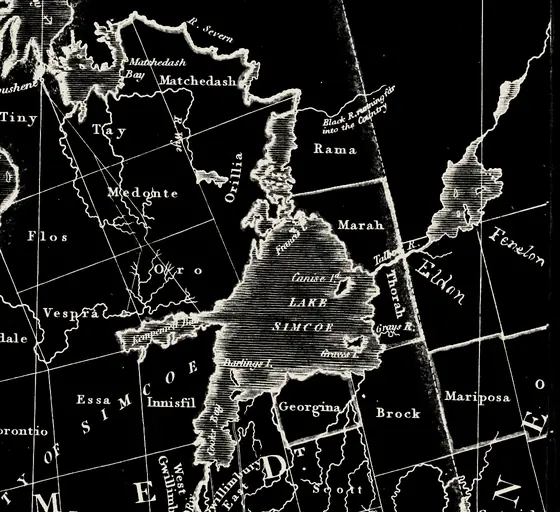 William Chewett’s 1821 engraved map of Lake Simcoe and its townships, with Orillia lettered on the north-west shore. A red mark shows present-day Orillia at the Narrows.